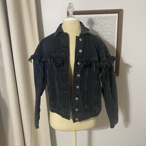 Topshop Black Denim Jacket with Frayed Details